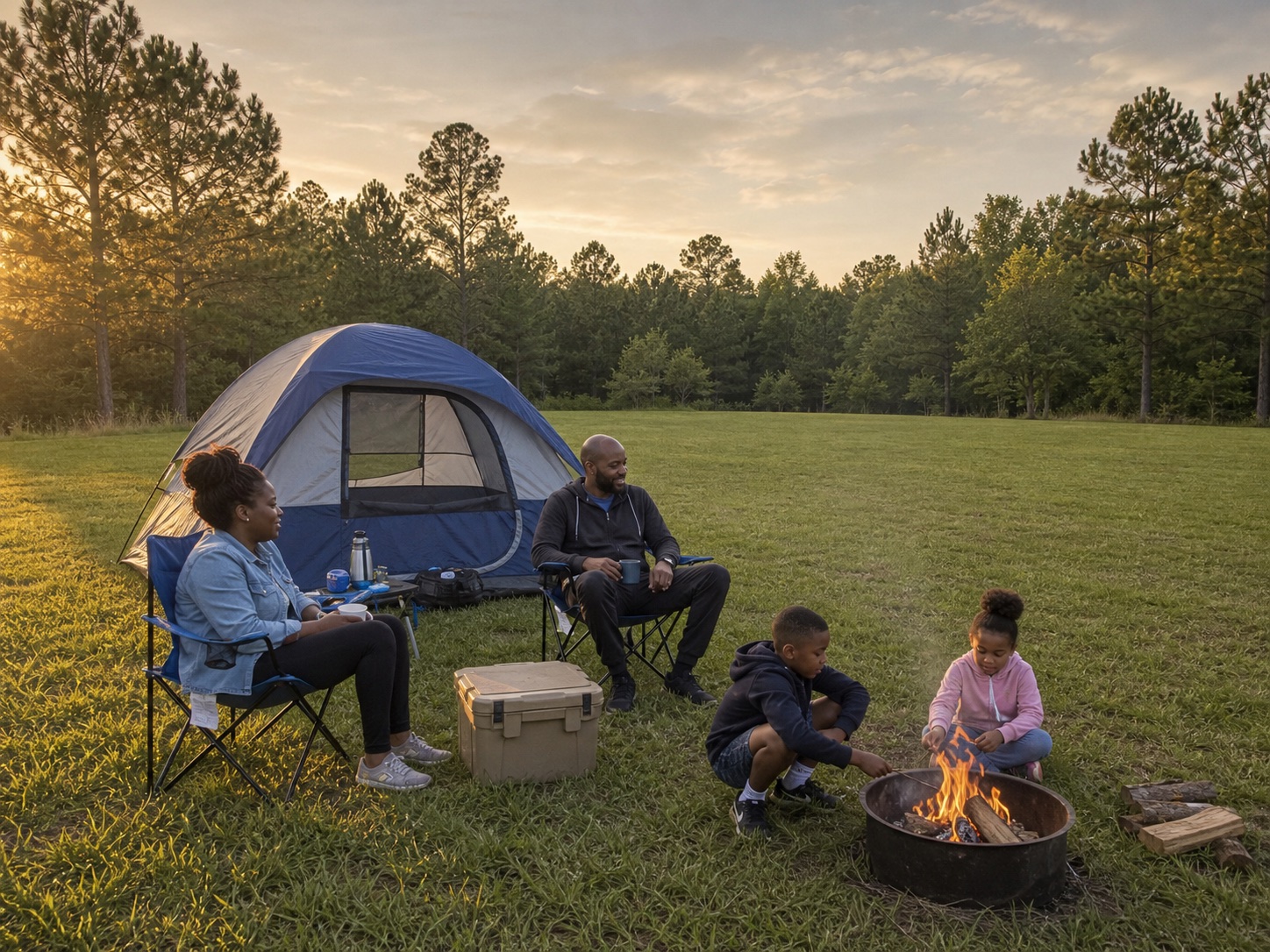 People camping together in a peaceful open farm field at sunset